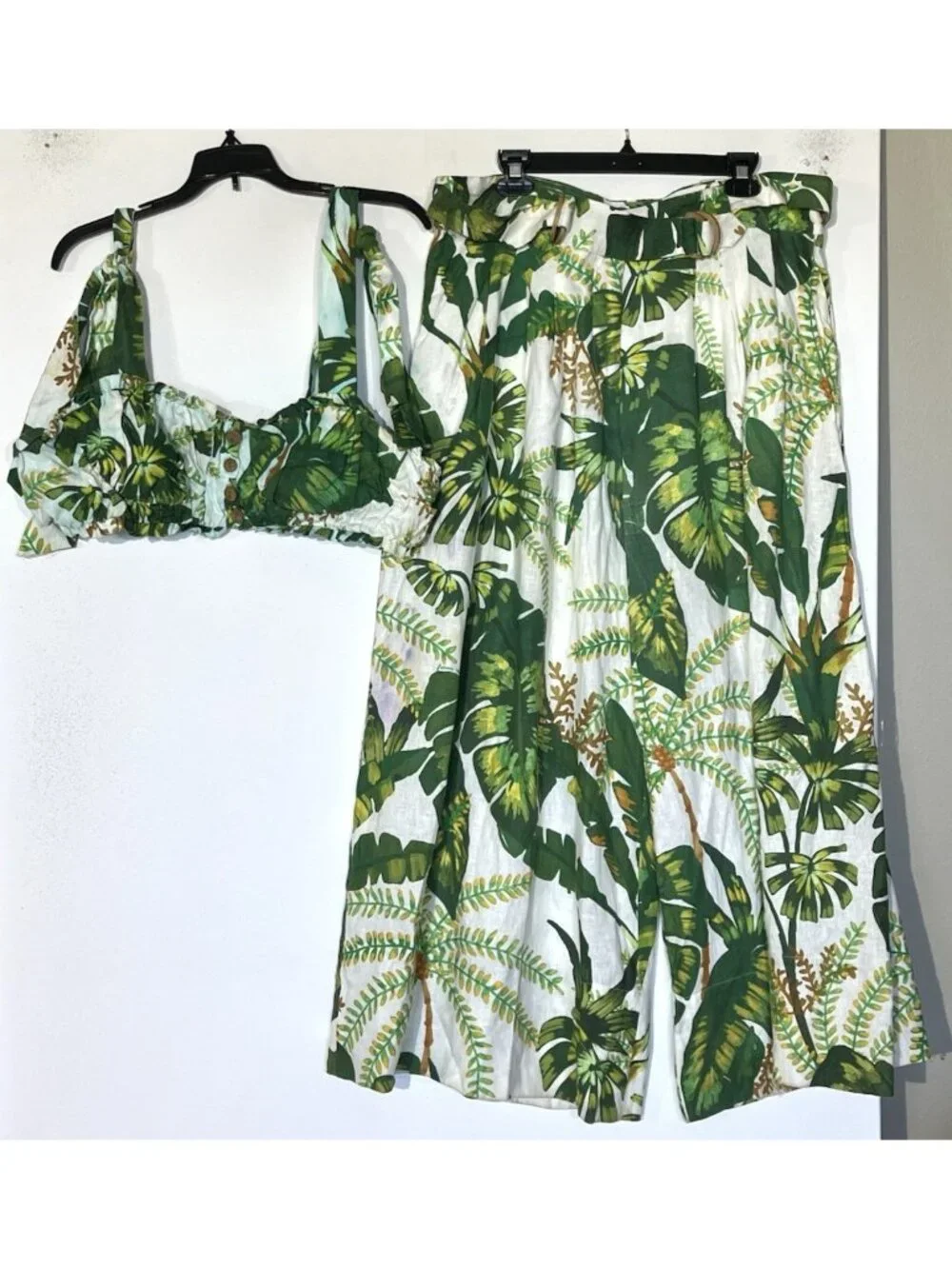 FARM RIO Tropical Forest 100% Linen Crop Top + Wide Pants 2 PC Set Suit